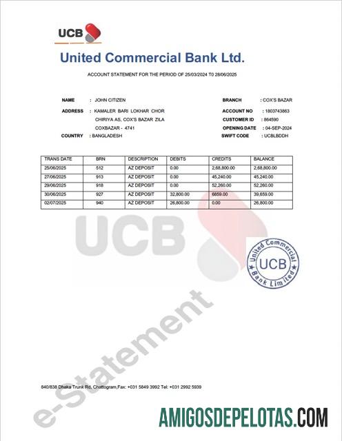 Modelo Word e PDF para download do extrato de conta do banco comercial do Bangladesh United